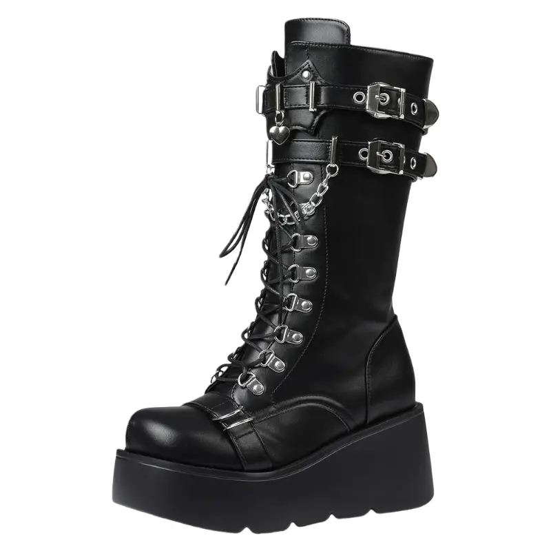 Women's Stylish Black Platform Combat Boots - Punk Fashion, Cuban Chunky Wedge Heel, Lace-Up, Mid-Calf, Plain Round Toe Goth Motorcycle Shoes, Motorcycle Wear, Gothic, Casual