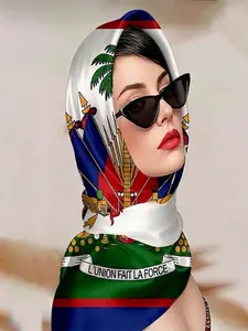A versatile scarf head wrap for hair, detailed Haiti flag-inspired design with stripes and palm tree, multi-use for hair styling, perfect for Haitian cultural gifting, Shawl Wrap, Versatile Headscarf