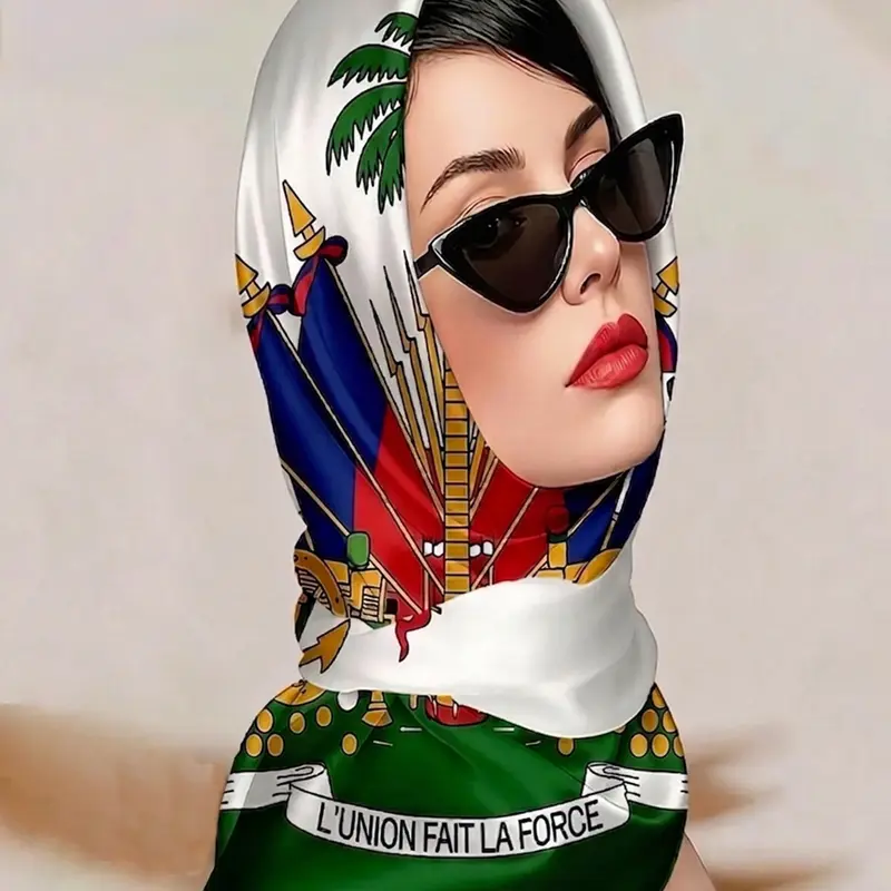 A versatile scarf for hair, detailed Haiti flag-inspired design with stripes and palm tree, multi-use for hair styling, perfect for Haitian cultural gifting
