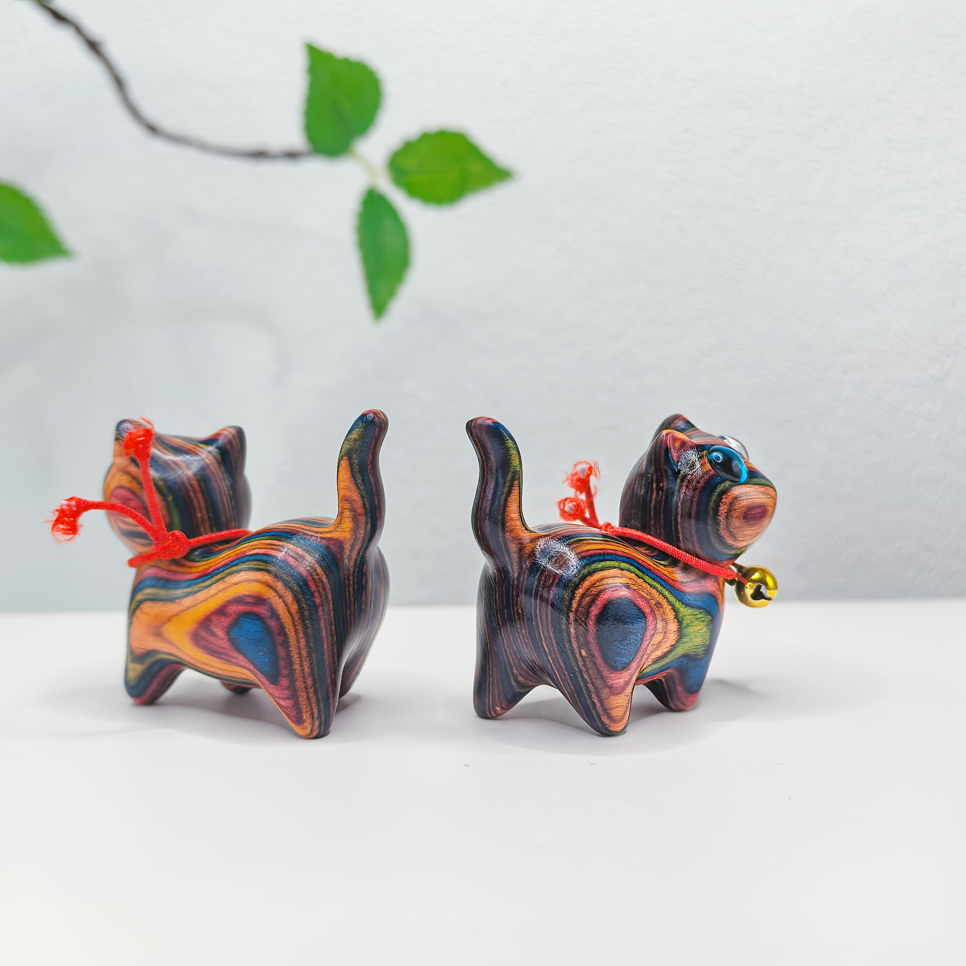 2Pcs Rainbow Wood Carved Cat Figurines with Bell, Cute Kitten Desk Decor, Mini Home Ornament Gift