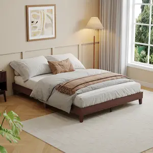 Full size dark walnut wooden platform bed frame, noise-free solid slat base with 9-inch under-bed clearance for extra storage. Simple installation, no box spring necessary for daily use.