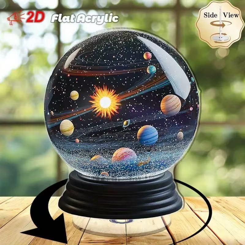 Rotating Solar System Crystal Snow Globe, 2D Acrylic Moon Desktop Decor, Gifts for Astronomy Lovers and Space Enthusiasts