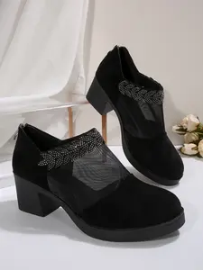 Women's Soft Sole High Heel Shoes, Chunky Heel, Plain Minimalist Design, Slip-On Hollow Butterfly Knot Decor, Comfortable Casual Footwear