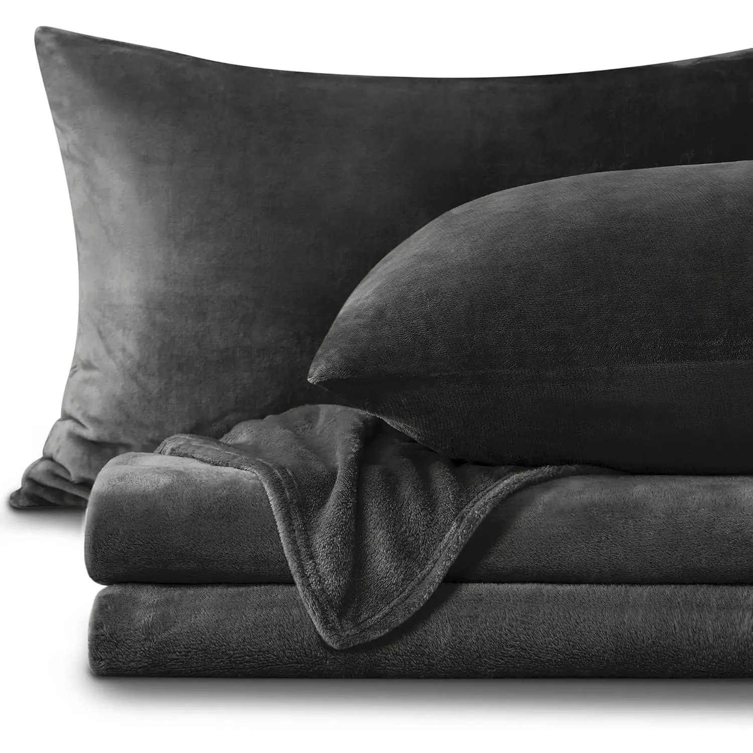 Flannel Queen Size Dark Grey - Super Fluffy Extra Plush, 4(Include Sheet, Flat Sheet, 2 Pillowcases)