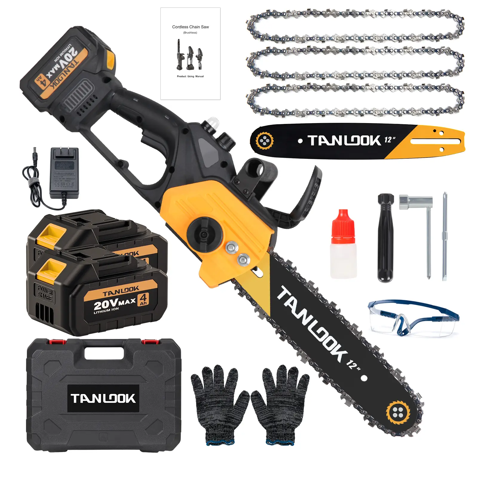 12" Bar Cordless Outdoor Electric Chainsaw - Compact Handheld Tool with Cordless Freedom, Plastic Components, 2×4Ah Battery Powered, Fast Clean Cuts for Tree Trimming, Emergency Storm Cleanup - Ideal for Woodworkers