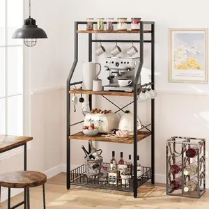 4 Tier Kitchen Baker’s Rack with Storage Shelves,Industrial Microwave Oven Stand with Metal Basket,Spice Rack & Hooks,Freestanding Utility Storage Shelf for Kitchen,Dining Room, or Living Room
