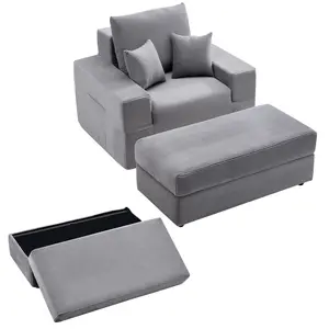 VEVOR Boneless Modular Chaise Lounge Chair, 44in Oversized Corduroy Reading Chair with Ottoman, Throw Pillows, Armrests & Storage Organizer, Deep Seat Sofa Sleeper for Living Room, Bedroom, Grey