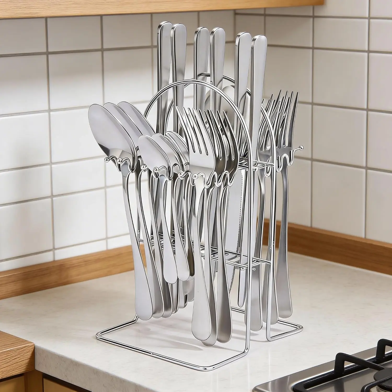 24-Piece Flatware Set with Holder & Hanging Rack, Modern Stainless Steel Flatware Cutlery Set – Spoons, Forks, Dinner Knives, Dessert Spoons, Kitchen Tableware Organizer Stand