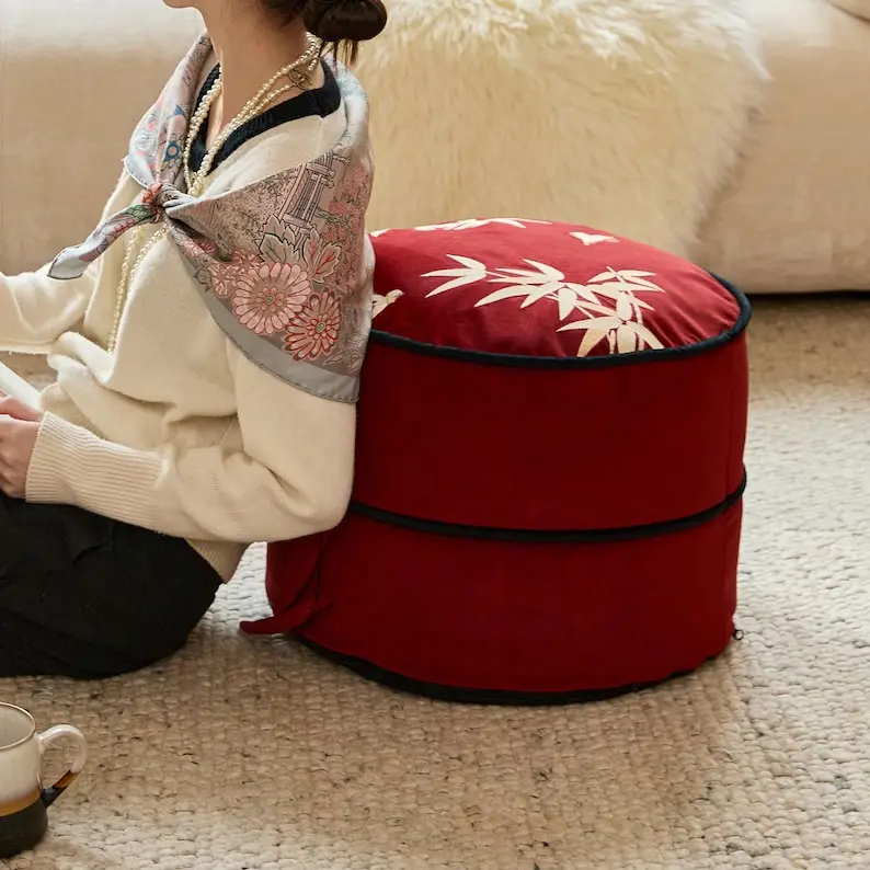 Handmade Embroidery Oriental Bamboo Leaf Pouf Cover, Elegant Ottoman Cover for Footstool or Seat, Holiday Home Decor, Gift for Her