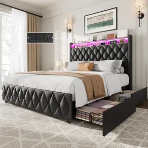 【Christmas Gift】Queen Bed Frame with 51inch Tall Headboard Platform Leather Upholstered Bed Frame with 4 Storage Drawers USB Charging Station Led Lights No Box Spring Needed Easy Assembly Grey Unique Bedroom Furniture