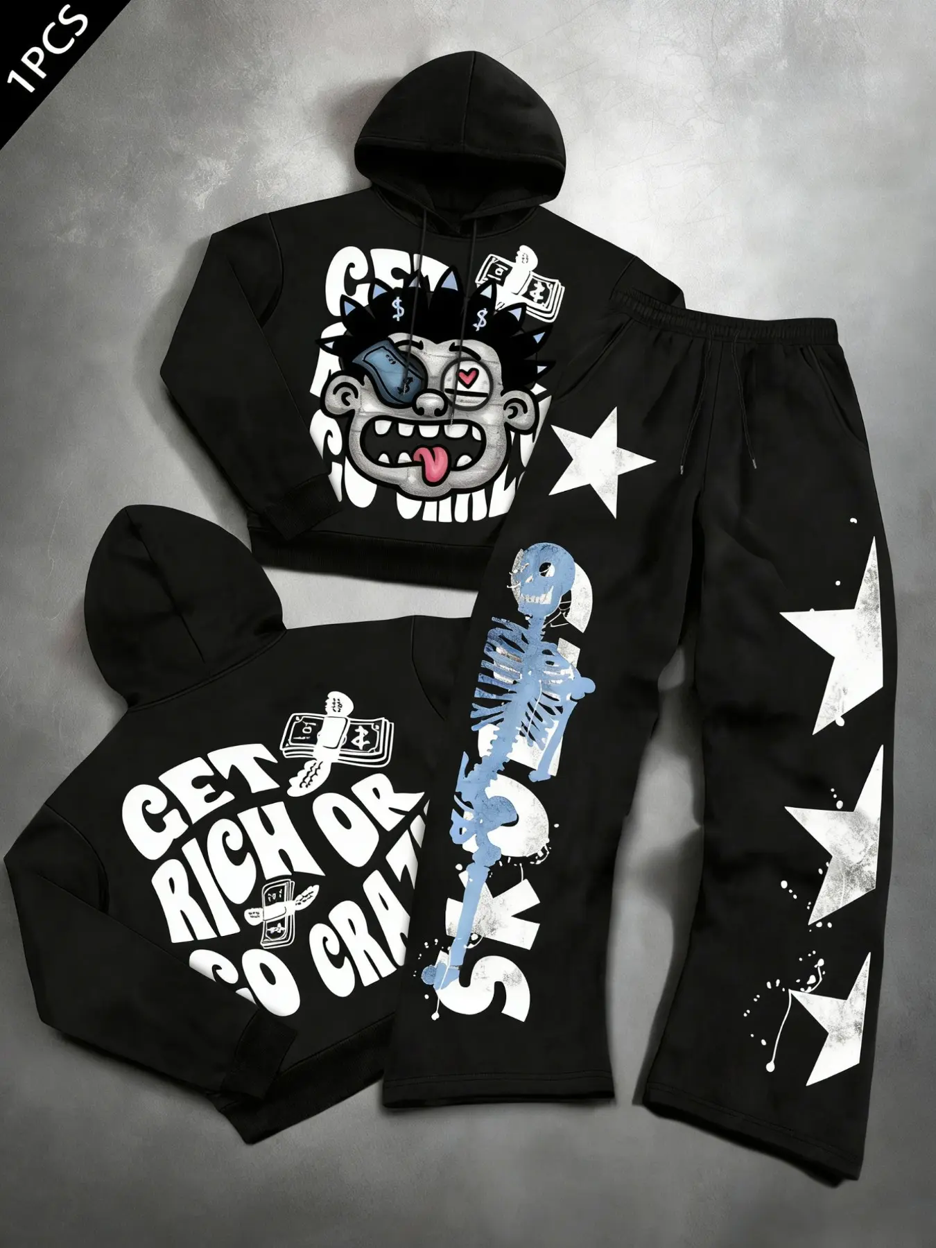 Men's Y2K Dark Humor Streetwear Casual Fashion Set, Loose Hoodie + Jogger Pants Two-Piece, Get Rich Slogan, Money Skull Graphic Print, Gothic Style, Outfit