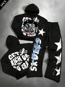 Men's Y2K Dark Humor Streetwear Set, Loose Hoodie + Jogger Pants Two-Piece, Get Rich Slogan, Money Skull Graphic Print, Gothic Style