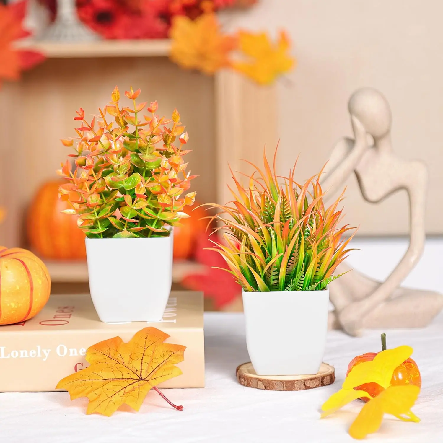 Der Rose 2-Pack Lightweight Small Fall Plastic Fake Plants - Decorative Mini Artificial Potted Small Fall Set for Farmhouse Indoor Decor, Table, Kitchen, Bathroom, Halloween Decor & Gifting (summerwins Mid Year Sale)