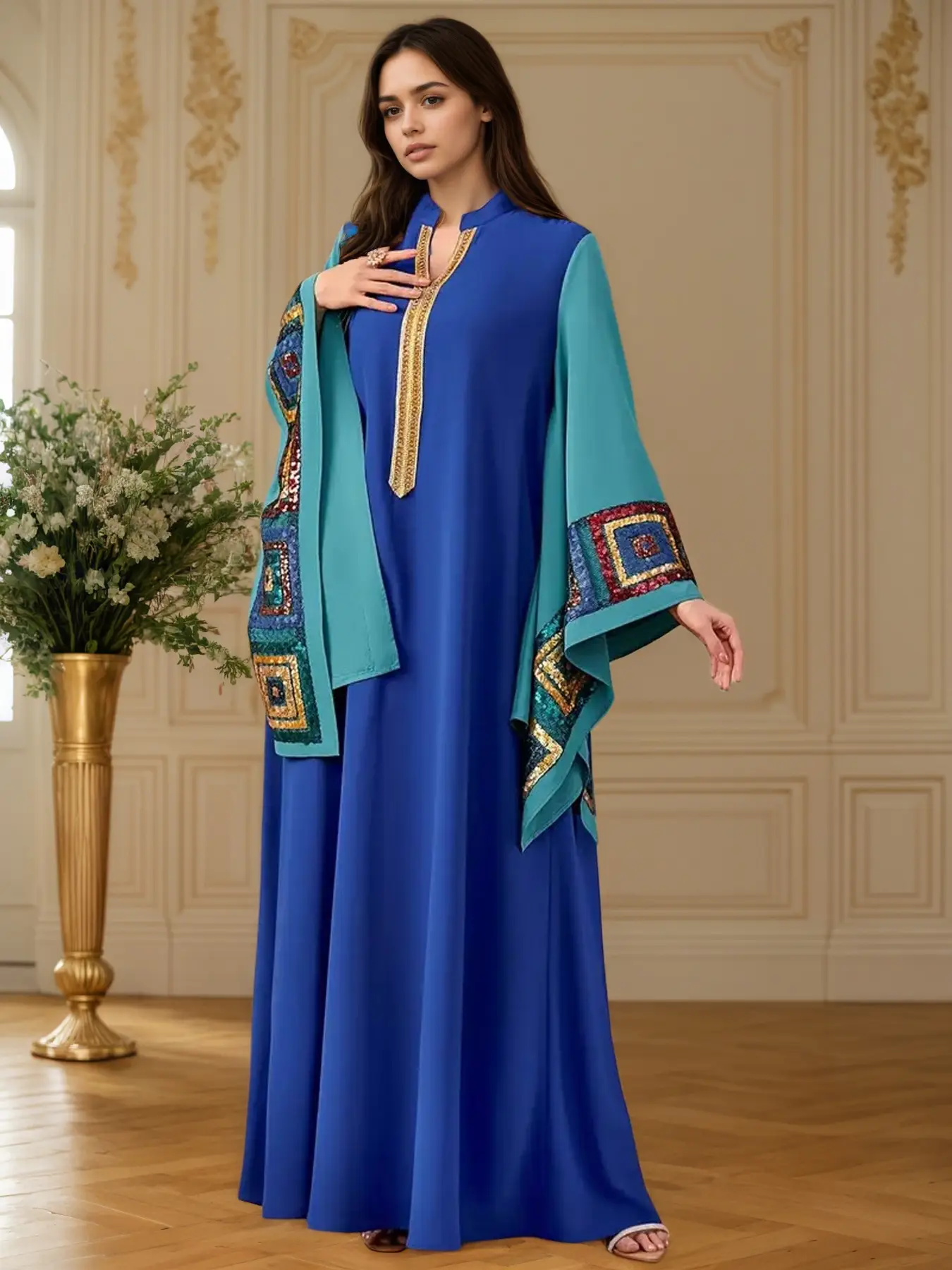 Elegant Patchwork Embroidered Sleeve Abaya Dress, Modest Long Sleeve Islamic Clothing, Stylish Muslim Fashion for Women, Suitable For All Seasons
