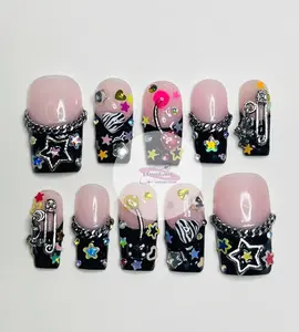 Freestyle Random stars combine colorful stones Medium square Press On Nails Hand Painted Fake Nails,Event,Goth,Gothic,Y2K,Aura Nails