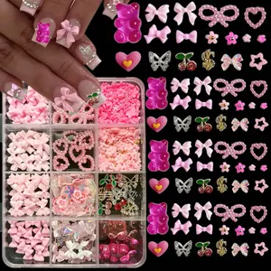 1 Box Kawaii Bow Resin Nail Charms 3D Alloy Butterfly Dollar Mini Snowflake Shell Flakes Pear Heart Mixed Nail Art Decorations DIY Sweet Style Nail Supplies