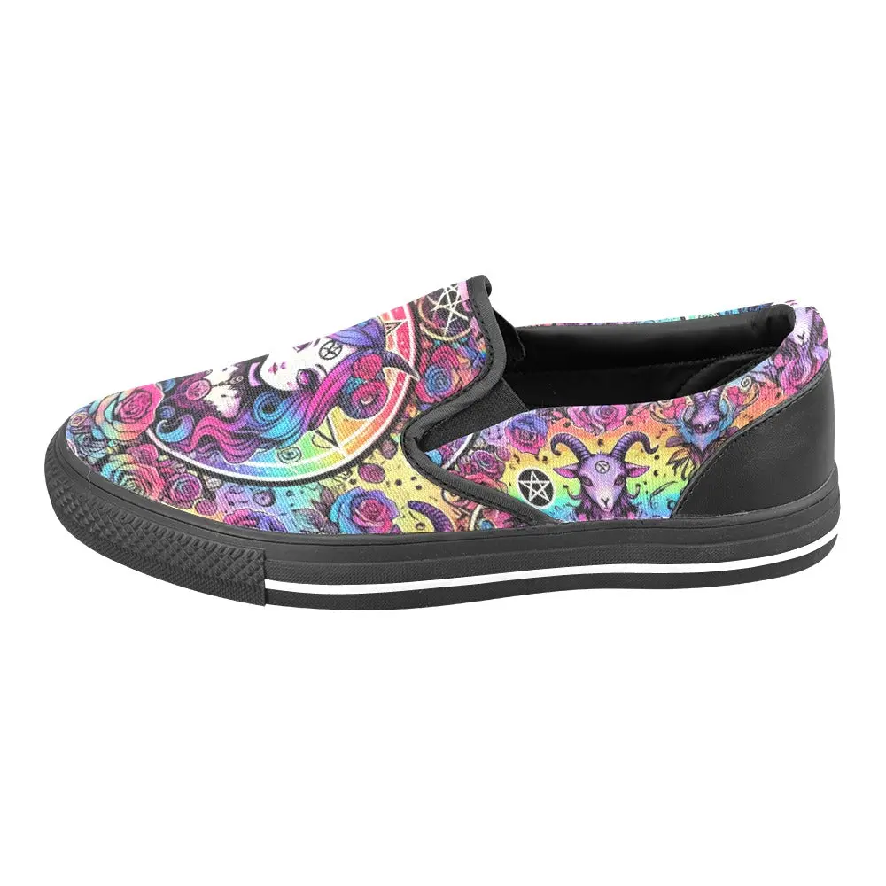Trippy Cute Rainbow Goat Casual Gothic Occult Everyday Athletic Slip-on Canvas Women's Shoes Print 1