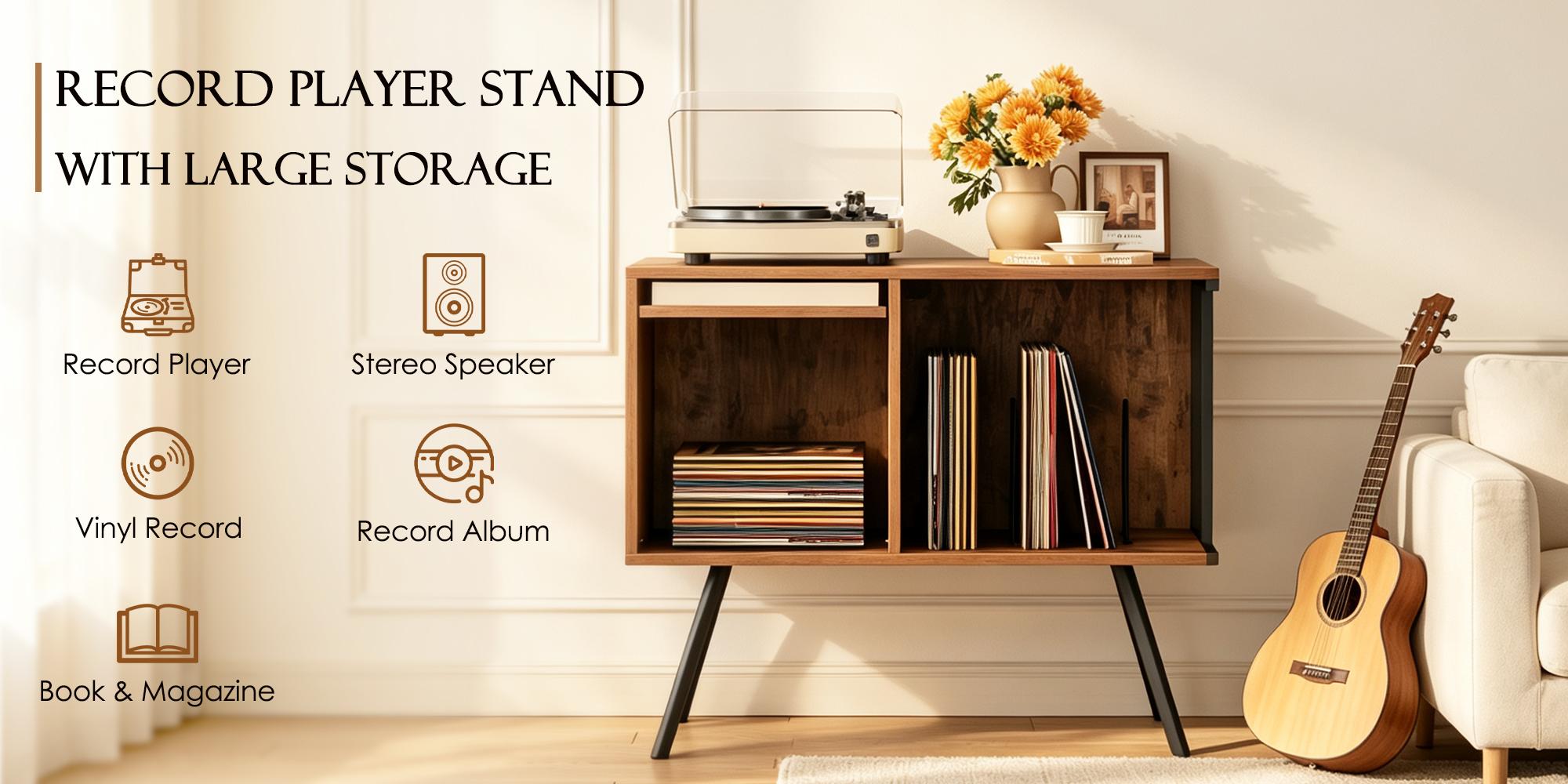 Vinyl Record Player Display Stand with Flip-Top Cover, 150LBS Capacity Turntable Shelf with U-Shaped Dividers, Record Storage Cabinet for Living Room Bedroom, Brown Tiger Wood Finish & Black Metal Frame