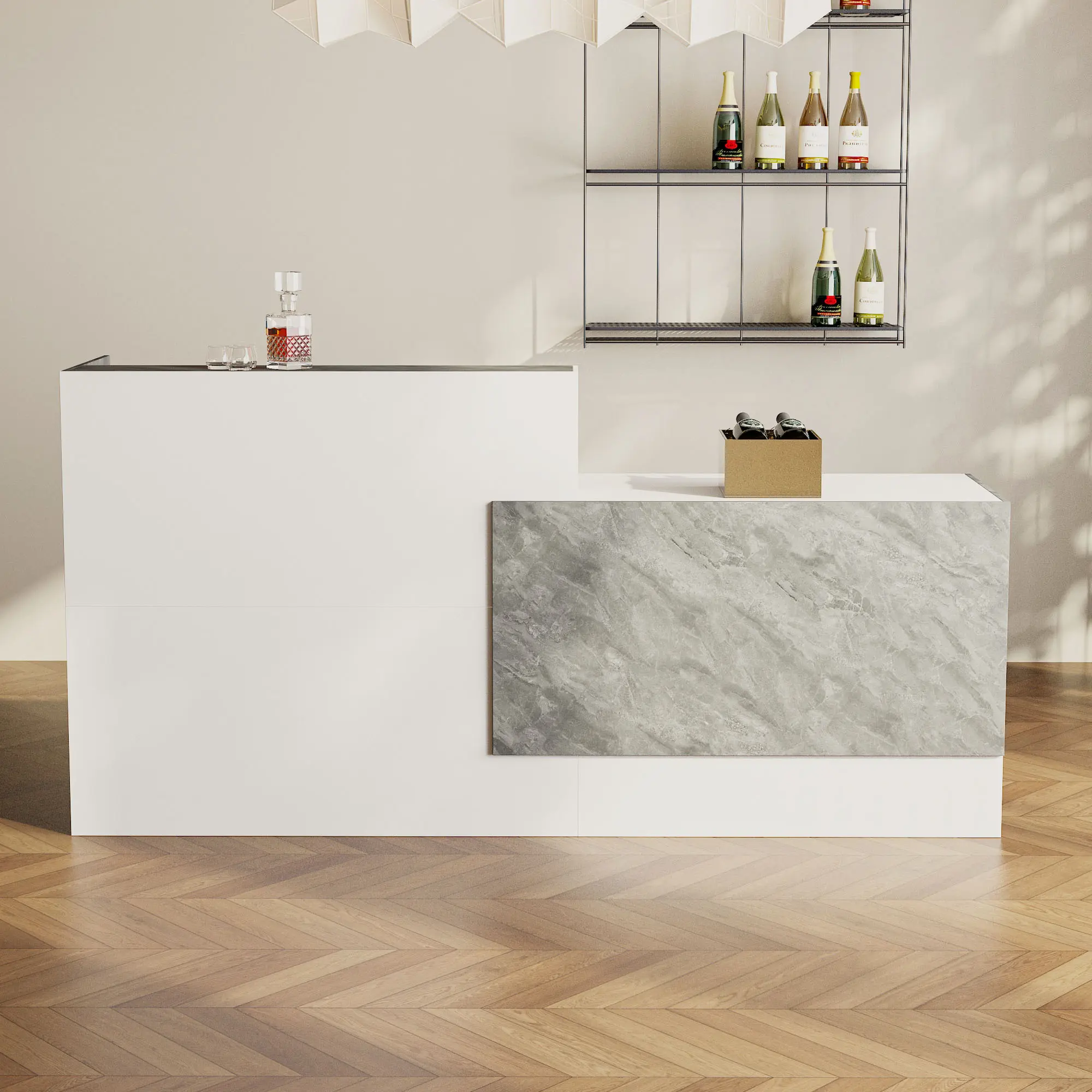 FUFU&GAGA 86.6 Inch Modern L‑Shape Reception Desk, Commercial Front Counter with Open Storage Compartments, Stone‑Pattern Panel Reception Counter for Salon Shop Office Bar