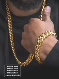 [2pcs set]18K Vacuum-gold Plated Hip Hop Jewelry Stainless Steel Miami Cuban Link Chain Necklace and Bracelet Fashion Accessory Men Women unisex Monaco italy Mexico & Micro Promise chains for Husband Boyfriend Valentines Birthday Gift
