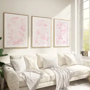 Pink Chinoiserie Wall Art, Vintage Antique Flowers, Simple Floral Set of 3, Blush Pink Home Decor, Pink Flowers Aesthetic Poster