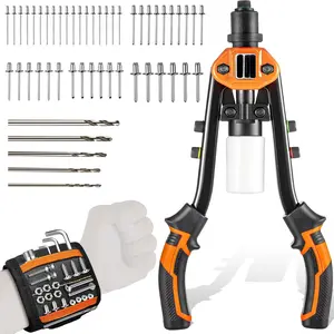 Professional Rivet Gun Kit with 5 Drill Bits & Magnetic Wristband - Heavy Duty Two-Handed Riveter for Metal, Gutter, Automotive - Includes 210 Assorted Rivets