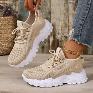 Trendy Women's Breathable Knit Sneakers with Chunky White Sole Comfortable Casual Athletic Shoes for All Seasons Lightweight Non-Slip Footwear - Running