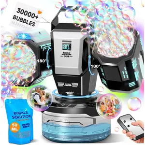 Rechargeable Bubble Machine with RGB Lights: 30,000 Bubbles Storm, Auto 360° Rotation & Remote Control - with Bubble Refill Solution & Power Display for Romantic Weddings, Kids Parties, Outdoor Fun