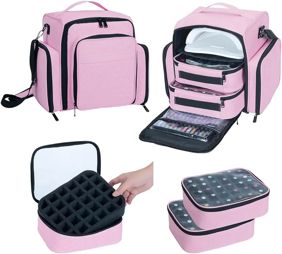 Nail Polish Organizer Case Holds 60 Bottles, Portable Travel Storage Bag with 2 Detachable Pouches for Nail Tools, Essential Oils & Cosmetics, Rose Red, Large