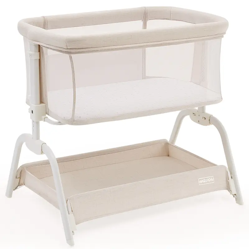 HARPPA Baby Bassinet 2-in-1 Cuddly Lite &Bedside Sleeper, storage Bassinet for Baby with Wheels & Storage Basket, Portable Crib, Breathable Mesh and Mattress, Height Adjustable