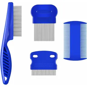 4 Pack Stainless Steel Flea Lice Comb Set for Dog Cat Grooming with Rounded Teeth Double Sided Dematting Tool for Small Medium & Large Pets