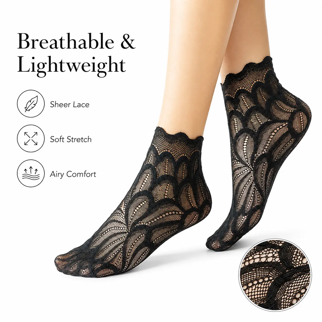 Women's Cotton Lacy Floral Embroidery See-Through Mesh No Show Ankle Socks - Soft Stretch Cuff, Breathability, Moisture-Wicking, Non-Slip, Padded Toe, Elastic, Cold Wash, Elegant for Flats & Heels, All Seasons, Thanksgiving Gifts