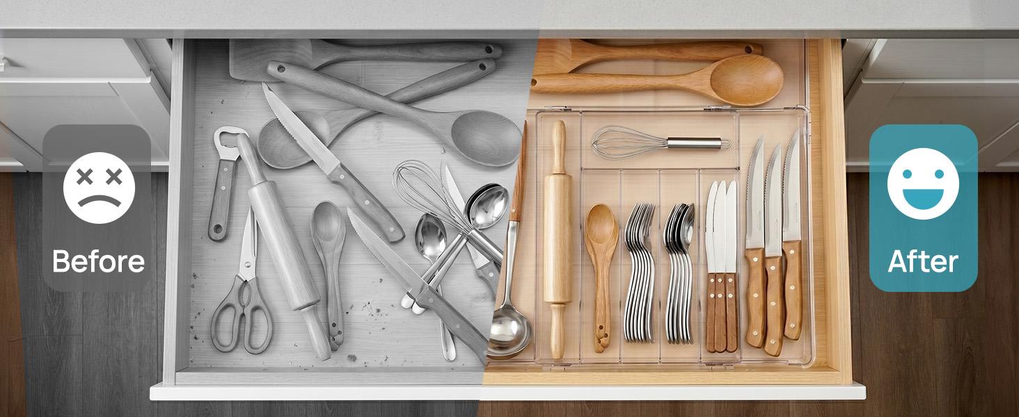 【Utensil Organizer】Vtopmart 1-2Pack Expandable Kitchen Utensil Drawer Organizer, Clear Plastic Food-Safe Cutlery Flatware Organizer, Adjustable Silverware Holder for Spoons Forks Knives, (6-9 Slots)