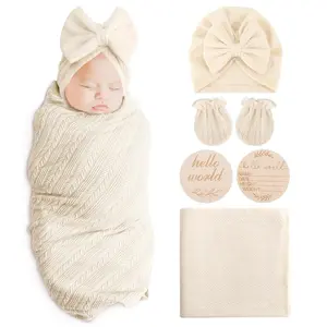 KF5-HB015  Newborn Receiving Blanket with Bow Hat Mittens Wooden Card Set Wheat-Pattern Newborns Toddler Baby Boy Girl Nursery Swaddle Wrap