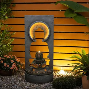 35.4" H Buddha Water Fountain Outdoor&Indoor, 5-Tiers Cascading Modern Feature Crocks Garden Fountains and Waterfalls with Warm Lights for Porch, Deck, Patio, Home Décor, Gift Ideas(Gray)