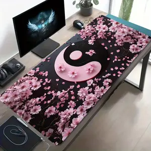 High Quality 1Pc Large Yin-Yang Cherry Blossom Gaming Mouse Pad With Non-Slip Rubber Base, Pink & Black Japanese Design - Oversized Desk Mat For PC, Computer, Office & Gaming Setup, Washable Surface, Ideal Gift For Gamers & Professionals