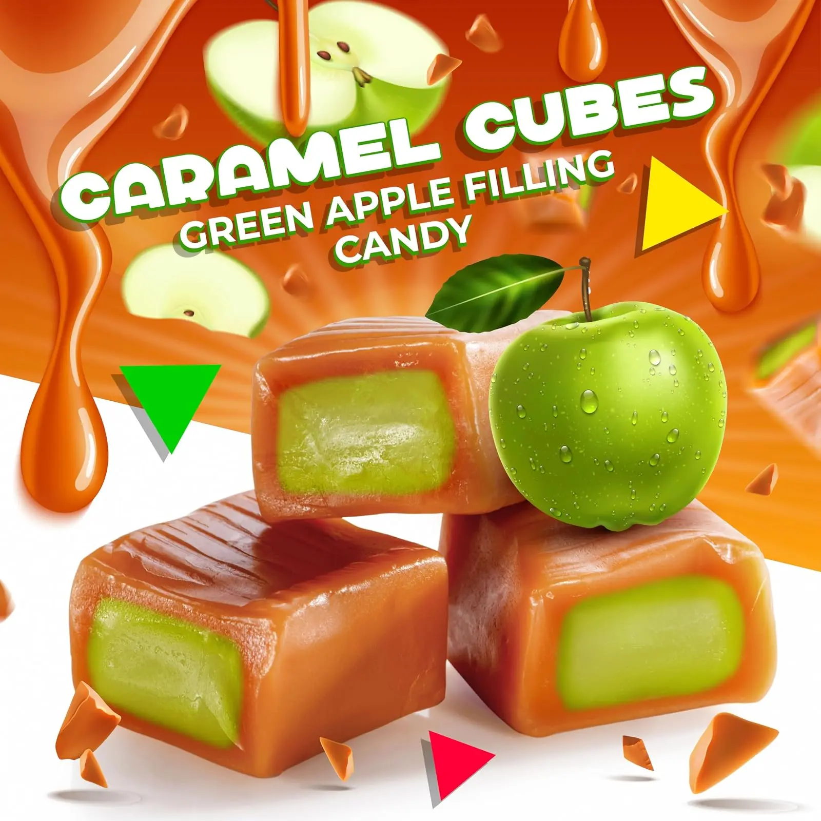 Caramel Candy Individually Wrapped, Green Apple Filling, 1 Lb Bag | Caramel Cubes for Snacking and Baking