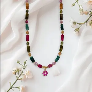 Amelie Color Glow Necklace with Multicolor Beads and Pink Flower Charm for Women