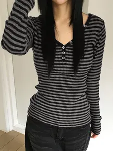 Women's Preppy Striped Color block Button-Front Slim Fit Long sleeves Knit Top, Casual Street Style Fall & Spring Fashion, Knitwear