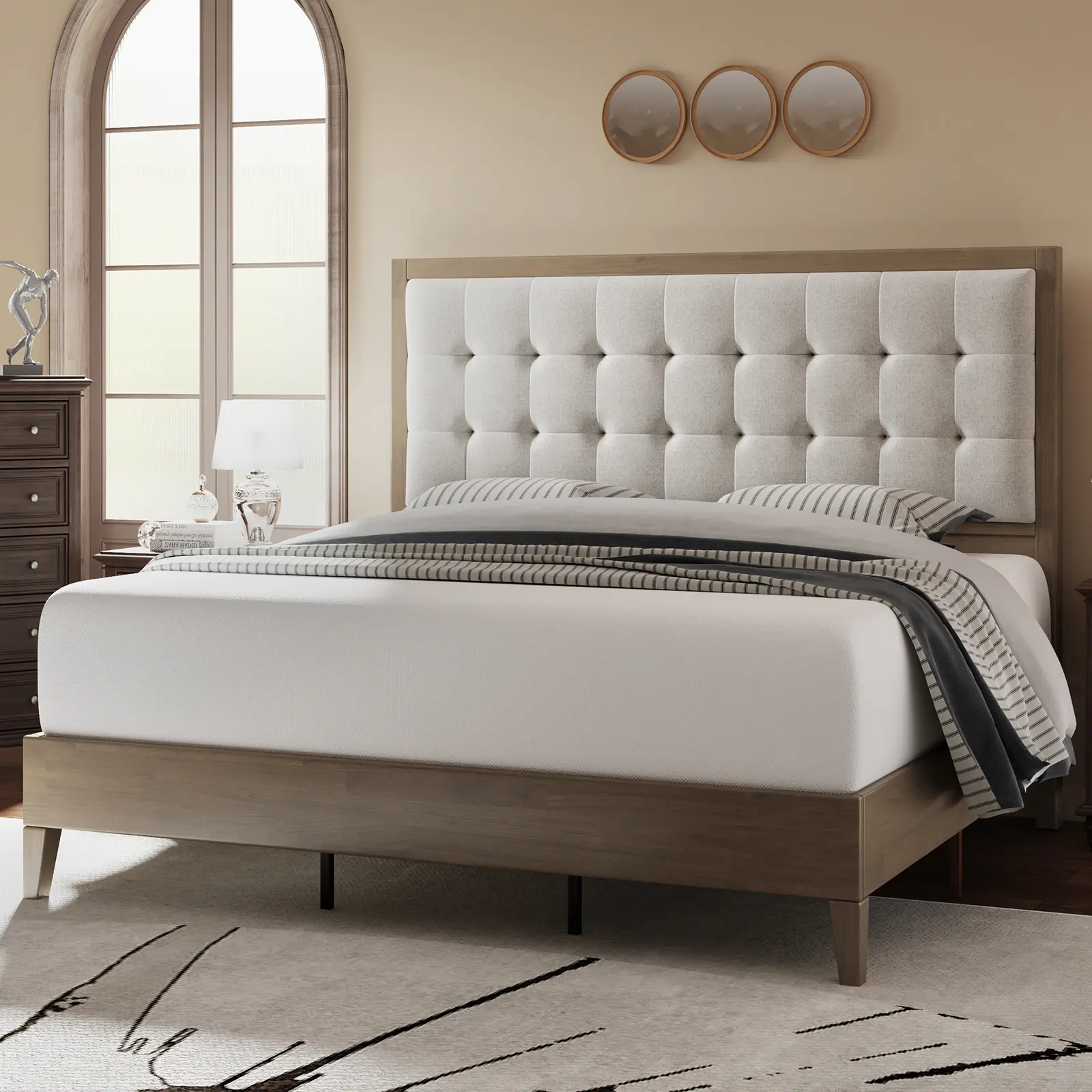 Amerlife Full Size Bed Frame - Upholstered Platform Bed Frame with Diamond Tufted Headboard, Solid Hardwood Construction, No Box Spring Needed, Easy Setup, Mid-Century Modern Design, Ideal Christmas Gift, Upholstered Bed Frames