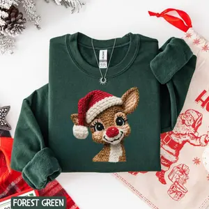 Printed Faux Yarn Reindeer Christmas Sweatshirt/Hoodie/Tshirt, Cute Rudolph Sweater, Cozy Holiday Shirt for Men and Women, Funny Xmas Gift Idea