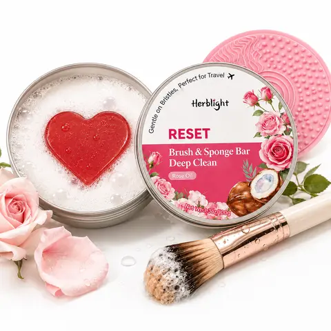 Herblight 2-in-1 Compact Aluminum Stick Makeup Brush Cleaner Balm, Jojoba Oil Blend-Infused Gentle Deep Cleansing, Built-In Silicone Pad, Rosa & Tea Tree Scents, Daily Aesthetic Travel-Friendly, 36 Months Shelf Life for Adults