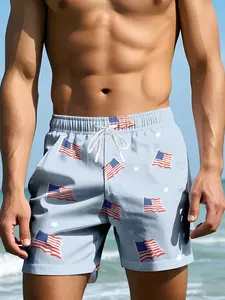 Independence Day-Themed Men's Beach Shorts: Full-Print Stars and Stripes, Summer Hawaiian Shorts for Men