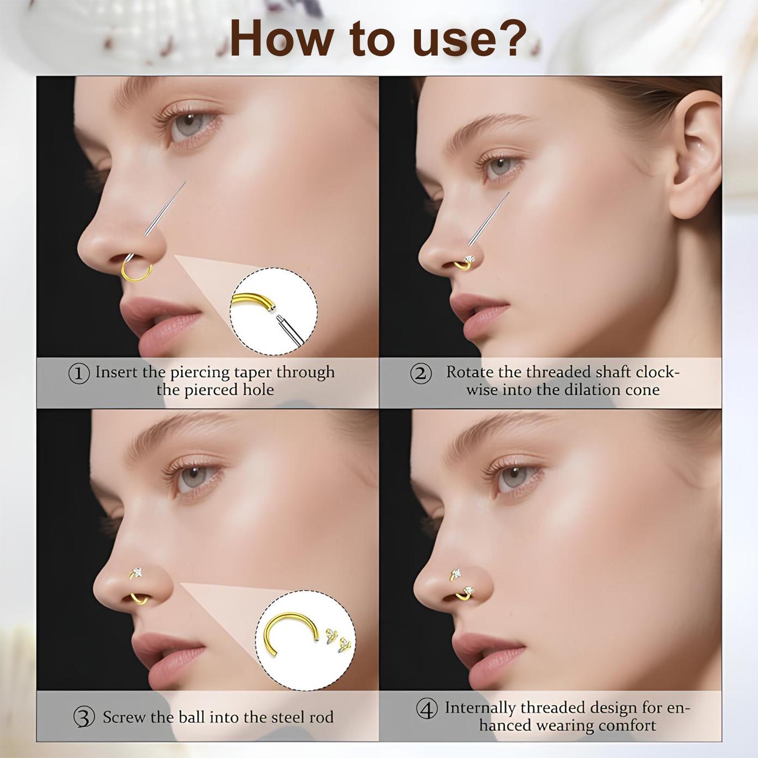18G Titanium Steel Nose Rings Set – Internally Threaded Horseshoe Hoop with Gems, Surgical Grade, Includes Insertion Tool