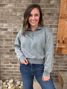 Ash Jade Acid Wash Fleece Half Zip Pullover by Zenana