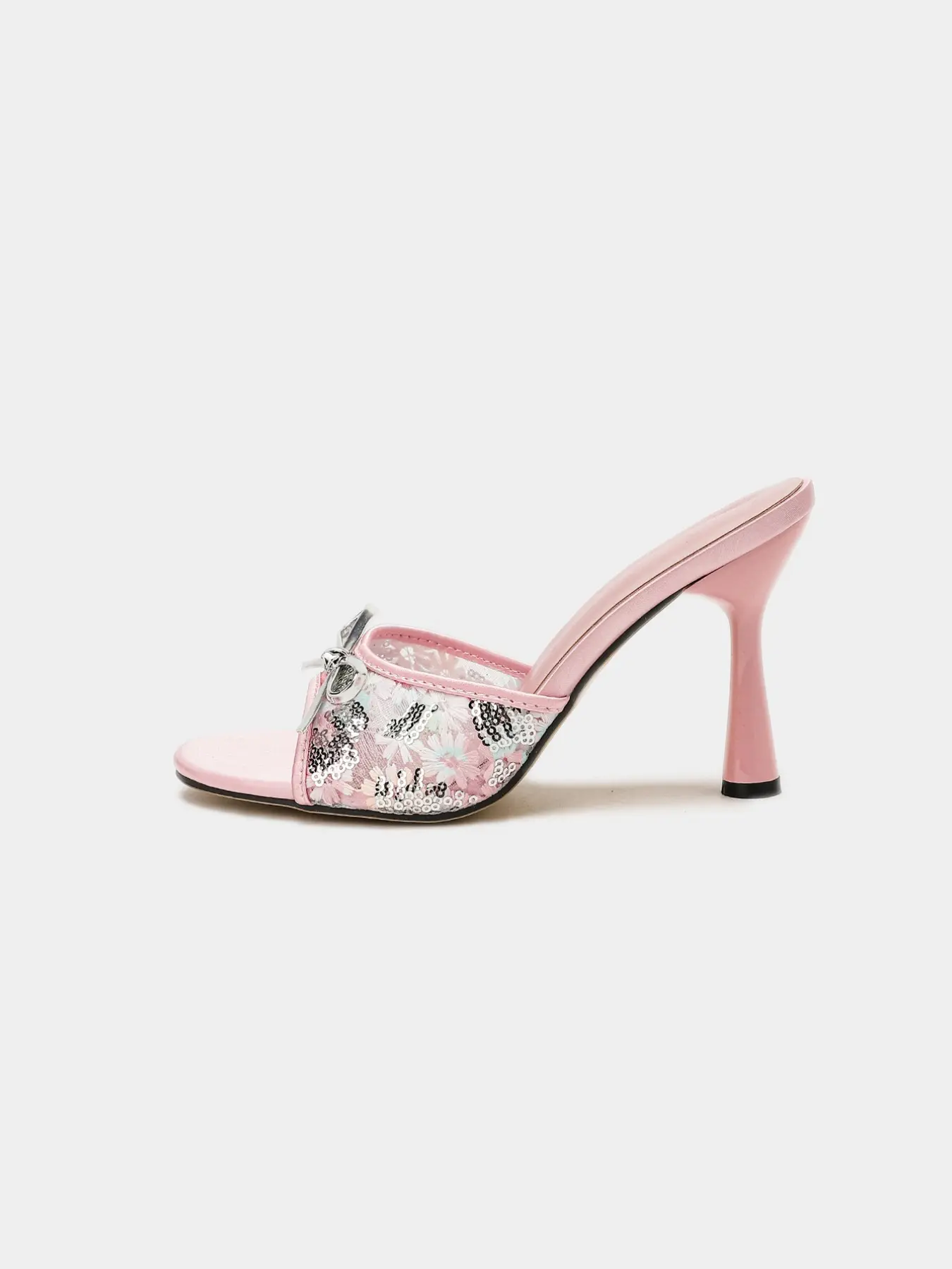 Women's Floral Sequin Mesh Slide Mules, Open Toe Flared Stiletto Heel Mules, 3.75 Inch (9.5cm) High Heel, Metal Bow Knot Elegant Y2K Heeled Sandals, Fashionable Sandals, Dressy Sandals for Summer Party Beach Vacation, EU Size 37-43 Footwear