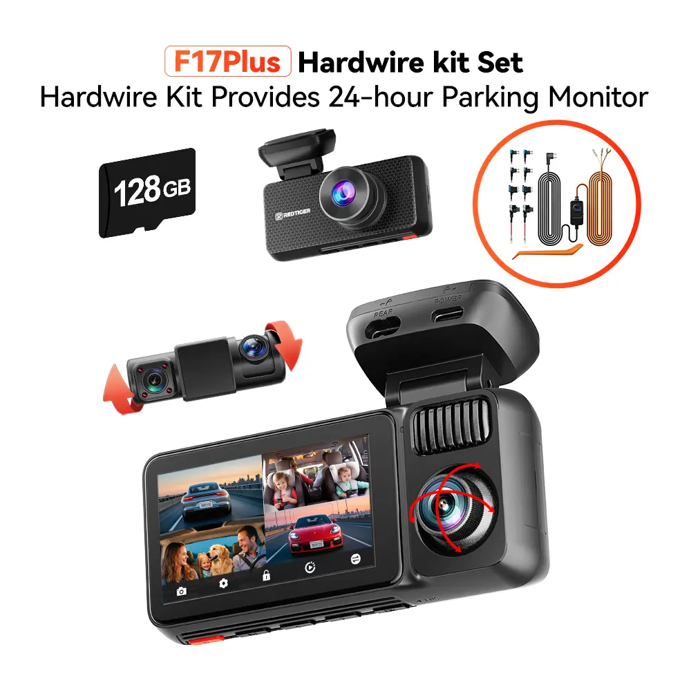 REDTIGER F17 4K 3-Channel Dash Cam with 5GHz WiFi GPS, 64GB Card, 2160P+1080P+1080P Cameras, IR Night Vision, Parking Mode, Car rvibes, Car VLOG, Summervibes