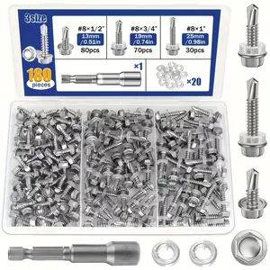 180Pcs 410 Stainless Steel Self-Tapping Screws Assortment Kit Round Hex Head Screws with Washers Wrench and Storage Case for Wood  Metal