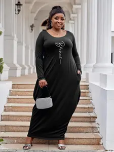 Plus Size Blessed Letter Print Maxi Dress, Long Sleeve Pocket Loose Fit, Casual Holiday Dress, Multiple Colors Available