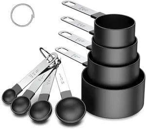 8-Piece Stackable Stainless Steel Metal Measuring Cup and Spoon Set with Detachable Handle, Nested Utensils for Measuring Dry or Liquid Ingredients, Hanging Kitchen Baking, Cooking and Coffee Tools, Eight-Piece, Metric+Us